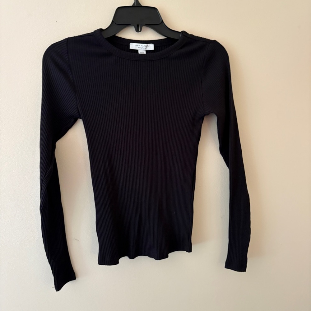 Ann Taylor Black Ribbed Long Sleeve Tee XXSP Petite Fitted Layering Top